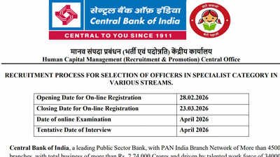 central bank of india opens 275 so posts exam and interview in april 2026