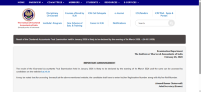 icai ca final result 2026 to be released tomorrow