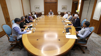 pm modi chairing the ccs meeting late sunday after his return to delhi