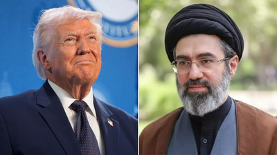 us president donald trump left ayatollah mojtaba khamenei right