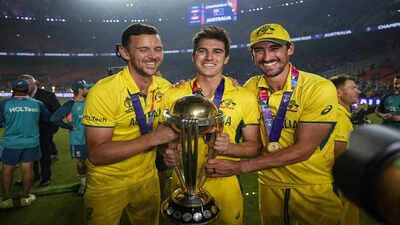 ahmedabad australia39s pat cummins josh hazlewood and mitchell starc celebrate