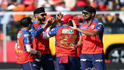 dharamsala may 17 ani punjab kings harpreet brar with his teammates celebra