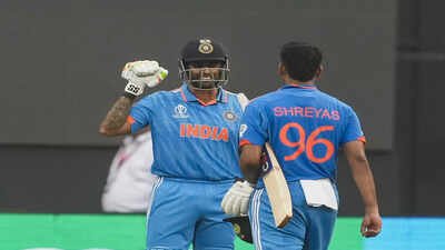 mumbai india39s shreyas iyer being greeted by suryakumar yadav as he walks off t