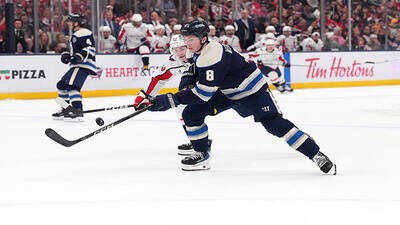 nhl zach werenski 8 of the columbus blue jackets controls the puck during the first period against the washington capitals at nationwide arena on april 14 2026 in columbus ohio