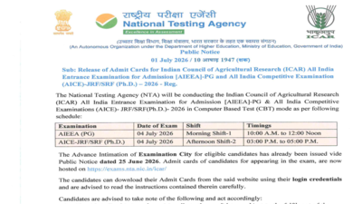 nta releases icar aieea pg phd 2026 admit cards