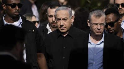 israeli prime minister benjamin netanyahu center arrives for the funeral of is