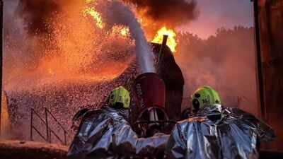 firefighters tackling a large scale blaze in kyiv oblast early on the morning of sept 6 2026 state emergency service telegram
