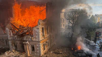firefighters attempt to extinguish fire at the site of the ukraines academy of sciences building hit by a russian jet powered drone strike amid russias attack on ukraine in kyiv ukraine