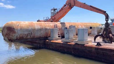 unused steel equipment is prepared for deployment underwater to create a habitat for marine life photo chevrons pascagoula refinery in mississippi